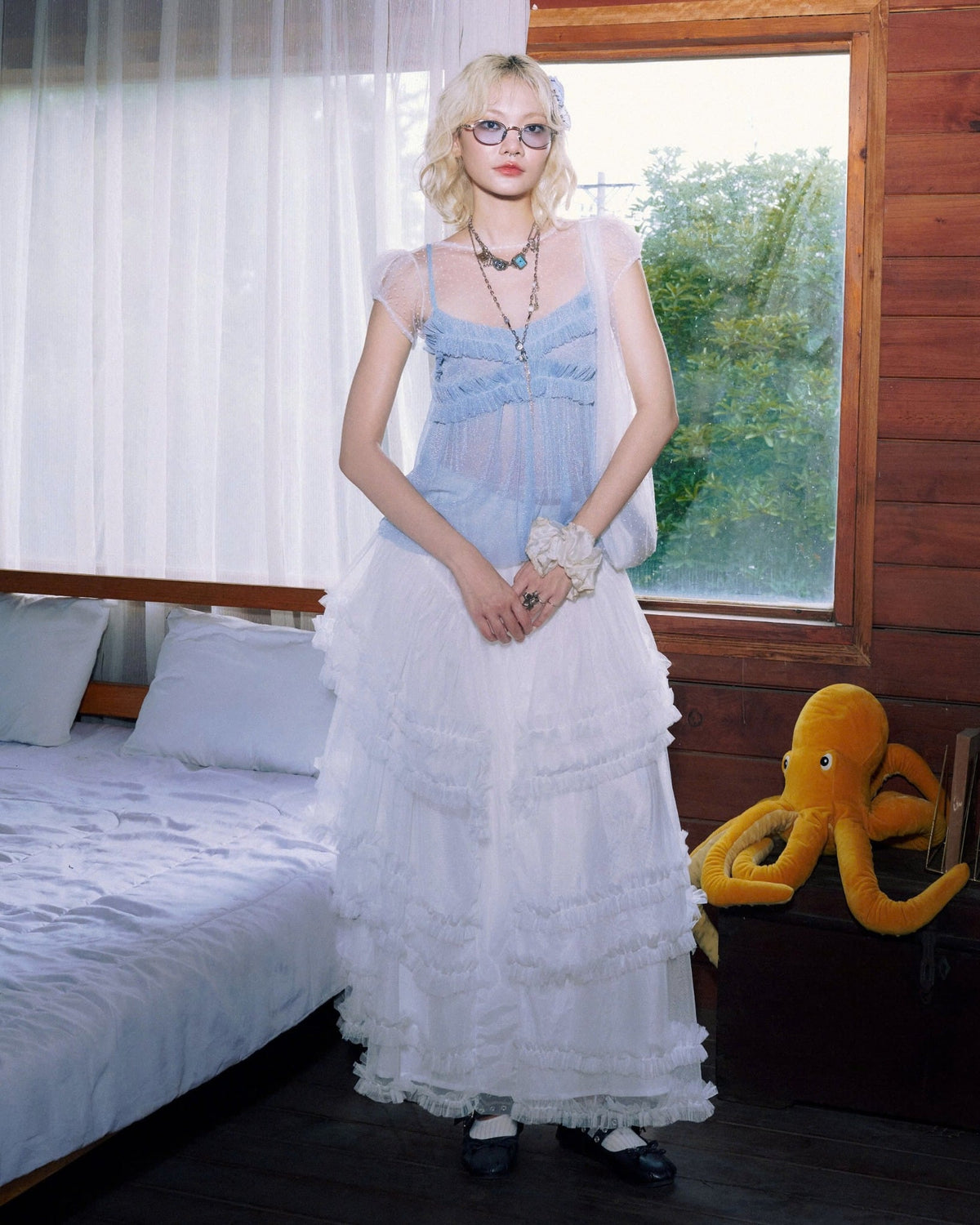 Pearl Top in blue silver, sheer ruched strappy top