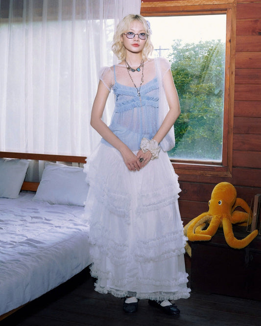 Pearl Top in blue silver, sheer ruched strappy top