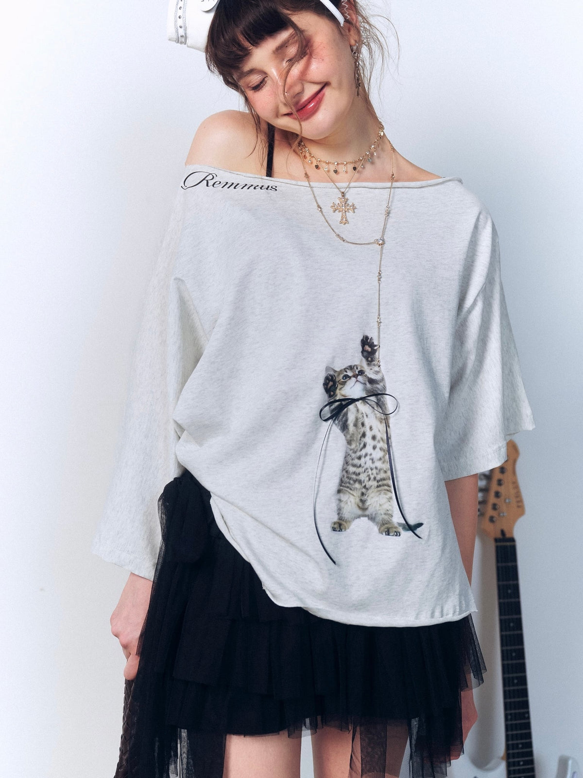 Cheeky Meow Top in grey, oversized off-shoulder cat print