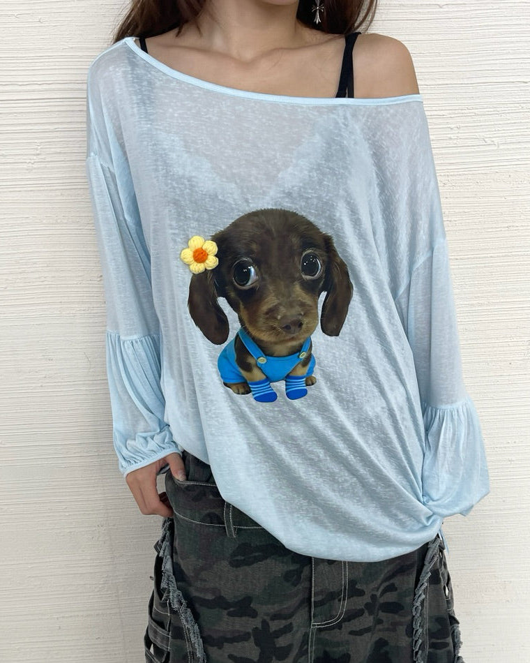 Daisy Pup Top in baby blue with puppy graphic