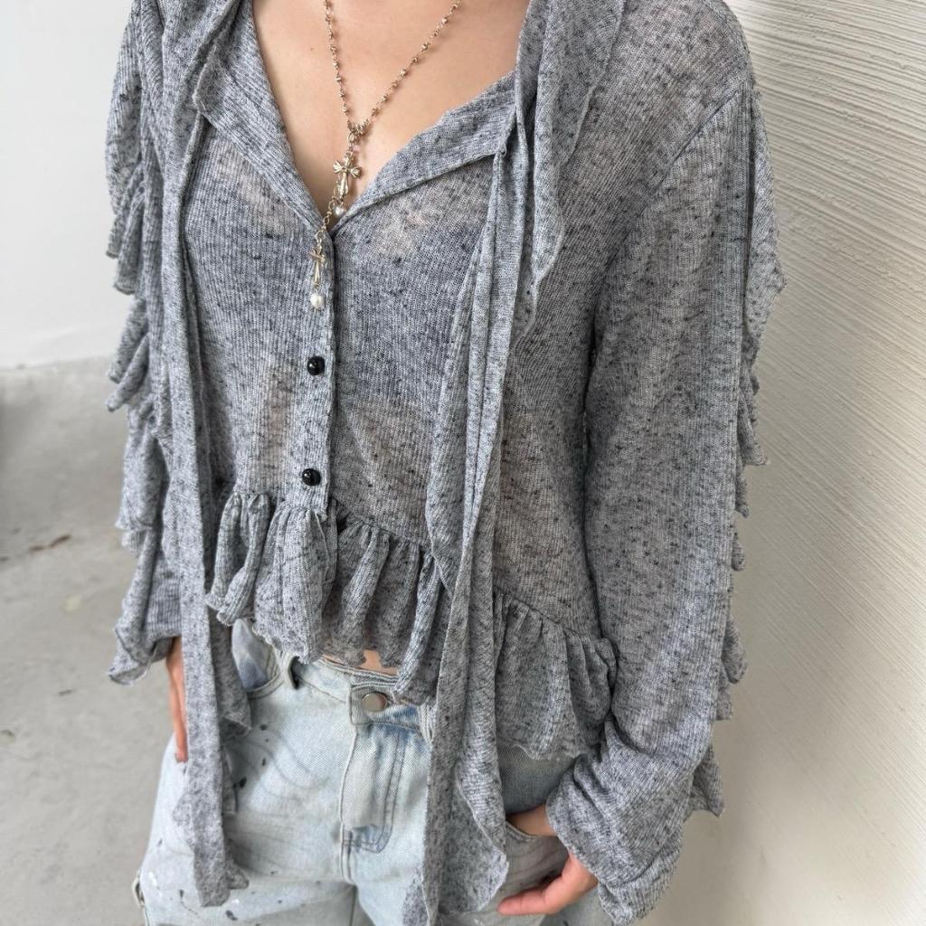 Lacey Knit Top in marled grey, sheer ruffled knit
