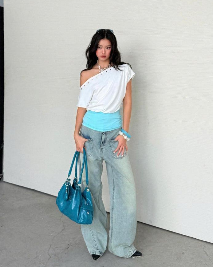 Yeoreum Top in white and blue, off-shoulder